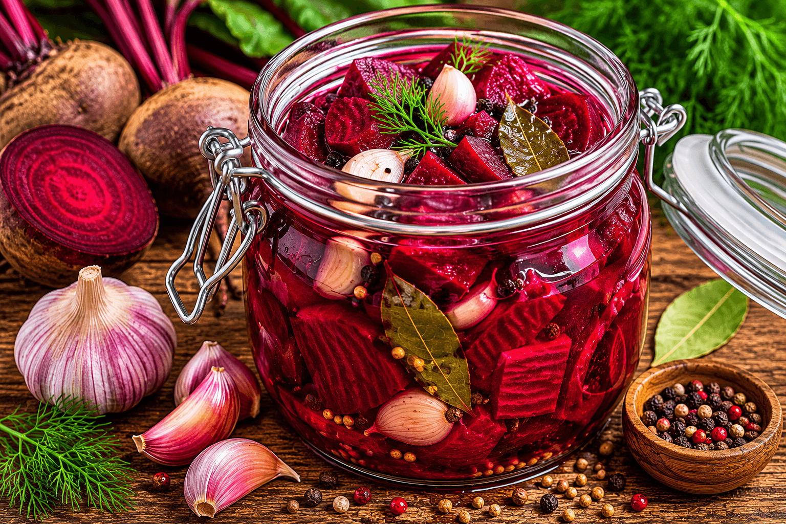 Gefermenteerde rode biet met knoflook.