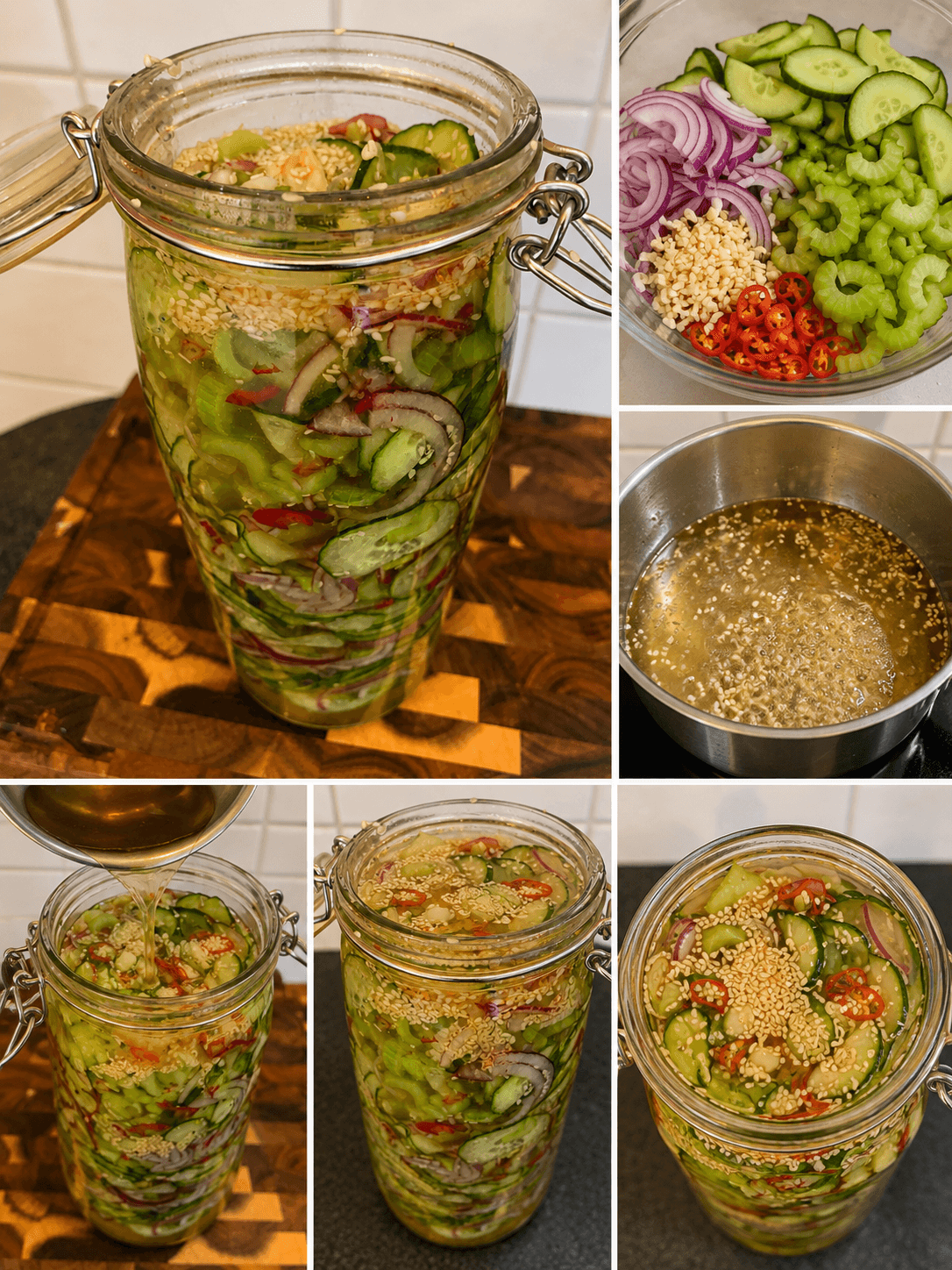 Zoetzure komkommersalade met rode ui, bleekselderij, Spaanse peper en sesam.