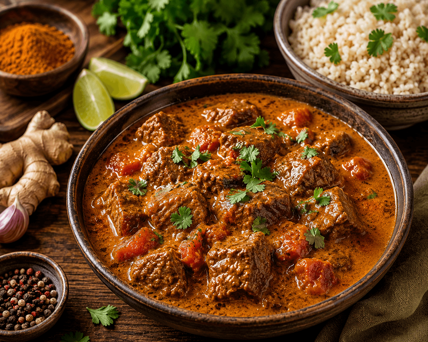 Romige Kokos-Tomatencurry met Rundvlees.