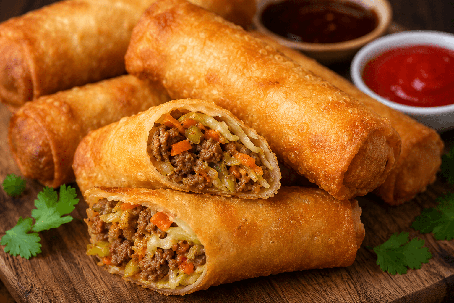 Golden Crispy Aussie Chiko Rolls met Hartige Curried Rundvleesvulling en Groenten.