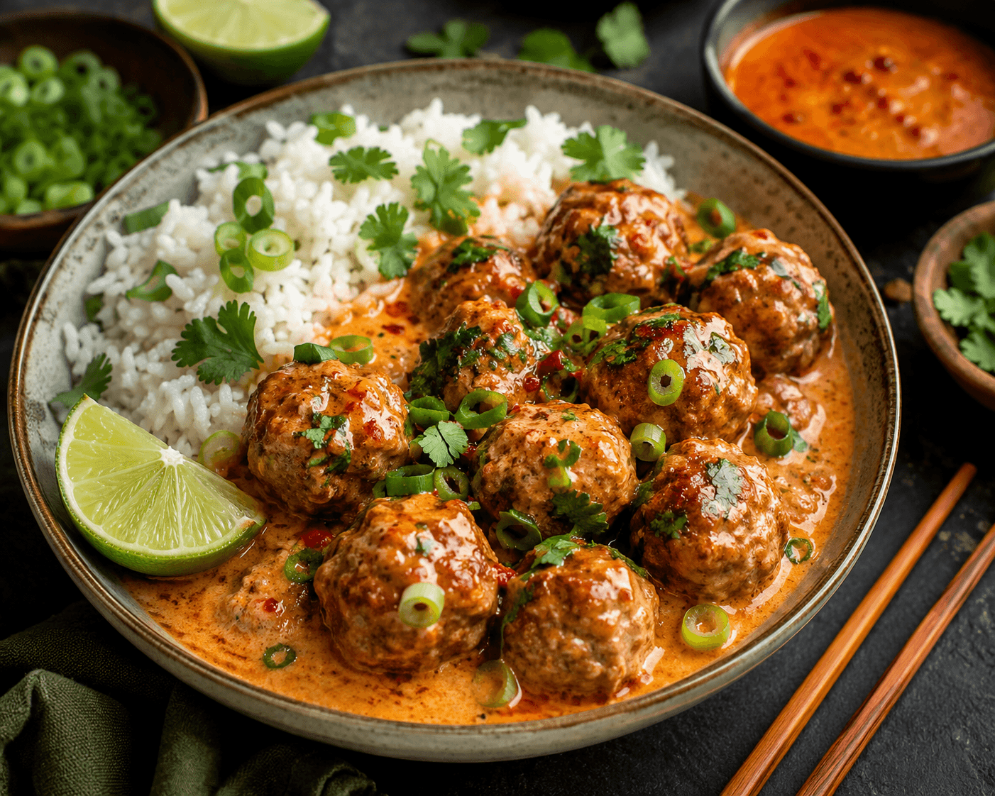 Thaise Gehaktballetjes in Romige Kokos-Chilisaus.