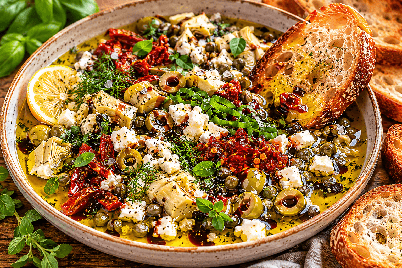 Loaded Olijfolie met Feta, Artisjok en Zuurdesembrood.