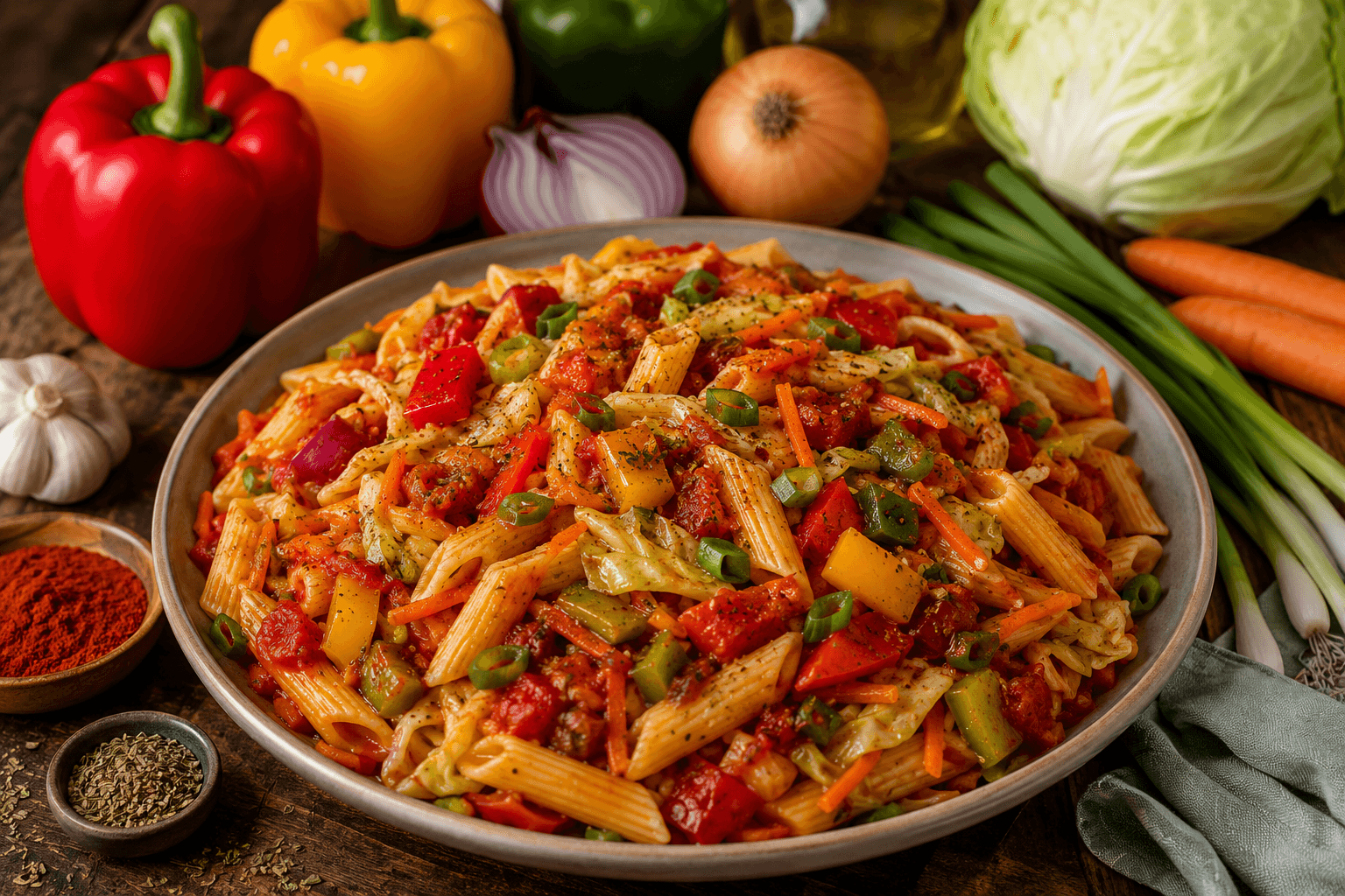 Italiaanse groente-pastasaus met spitskool en paprika.