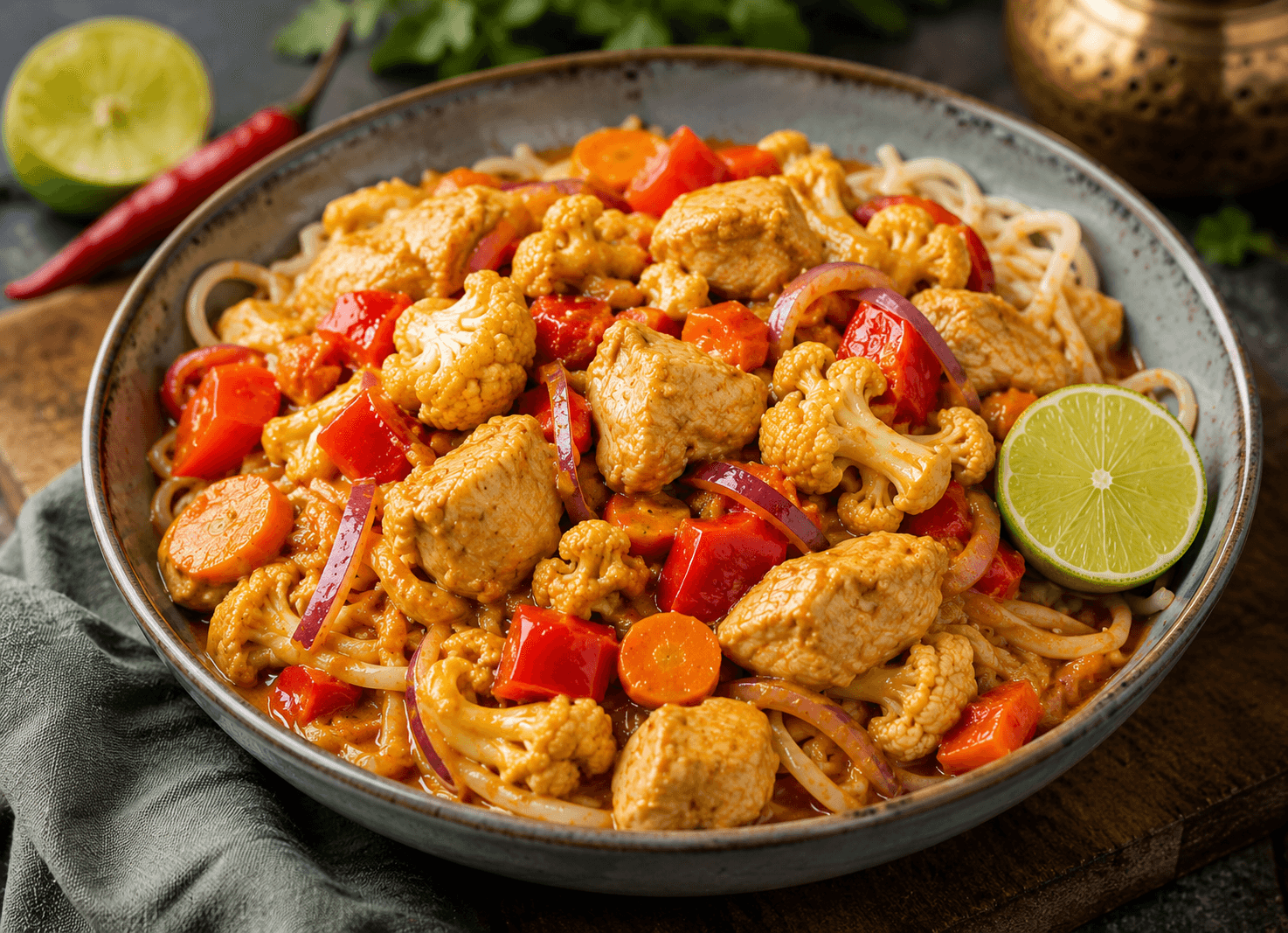 Curry Madras met Kip, Bloemkool en Woknoedels.