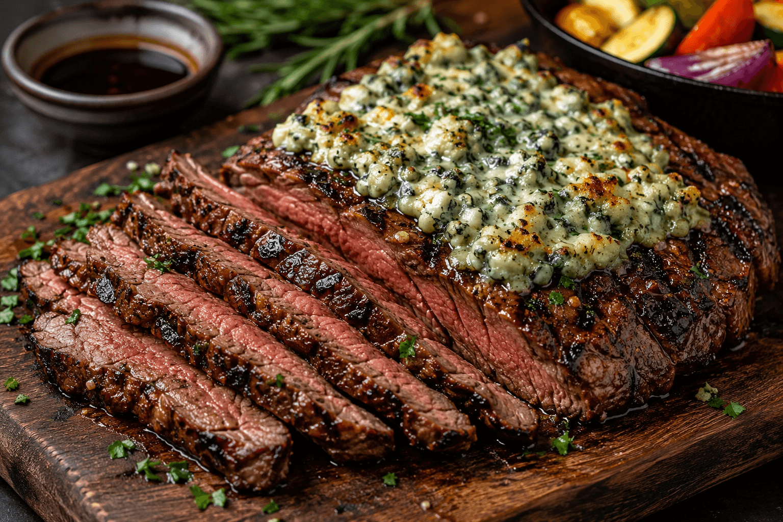 Balsamico Gemarineerde Bavette met Blauwe Kaaskorst.