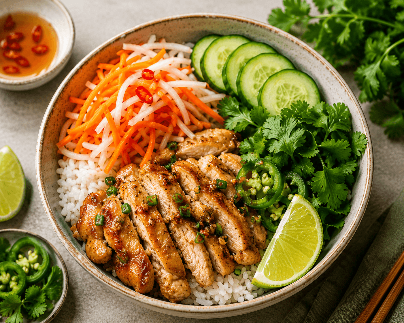 Vietnamese kiprijstbowl met ingelegde groenten.