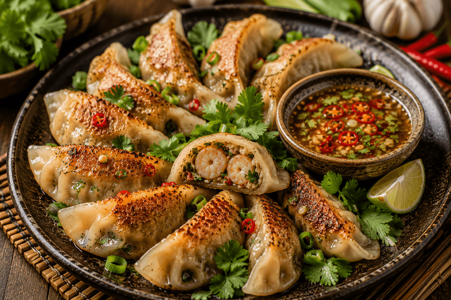 Thaise Dumplings met Garnalen en Koriander.