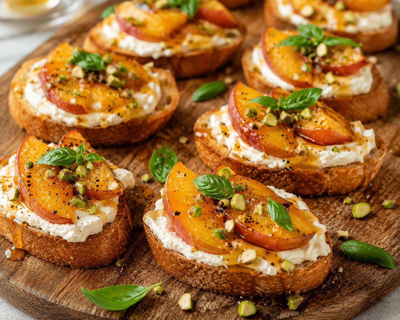 Crostini met luchtige brie, geroosterde perzik, zwarte peper en pittige honing-basilicumdressing.