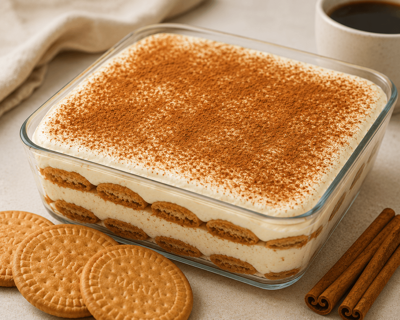 Tiramisu met Maria-koekjes en kaneel.