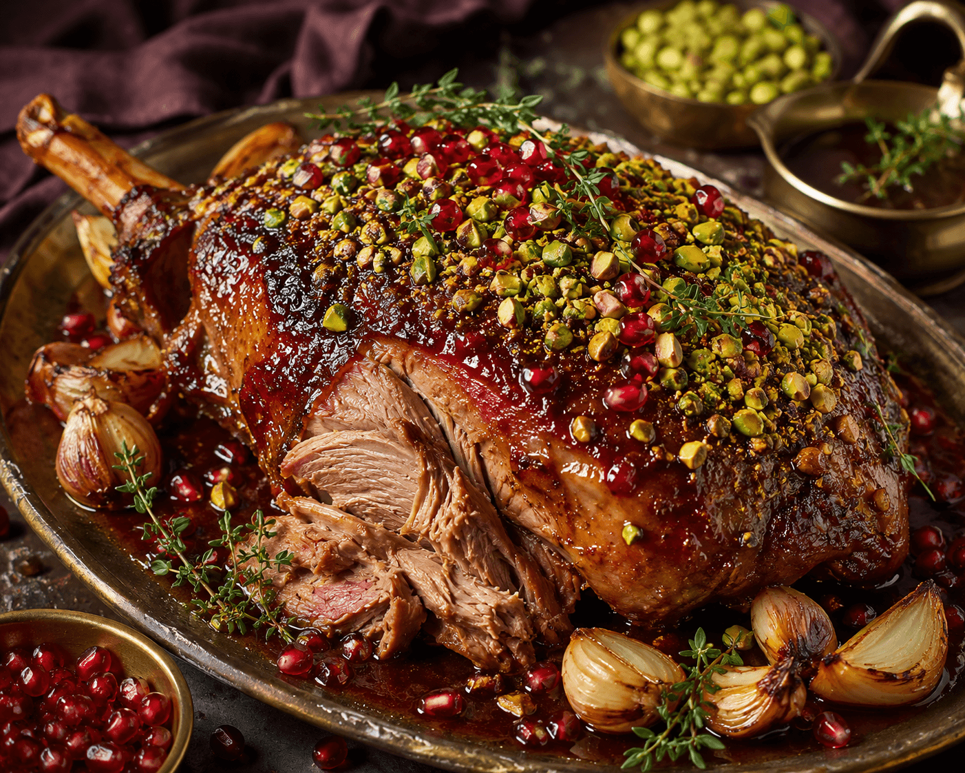 Koninklijke Lamsschouder met Granaatappelglazuur, Pistachekorst en Tijmjus.