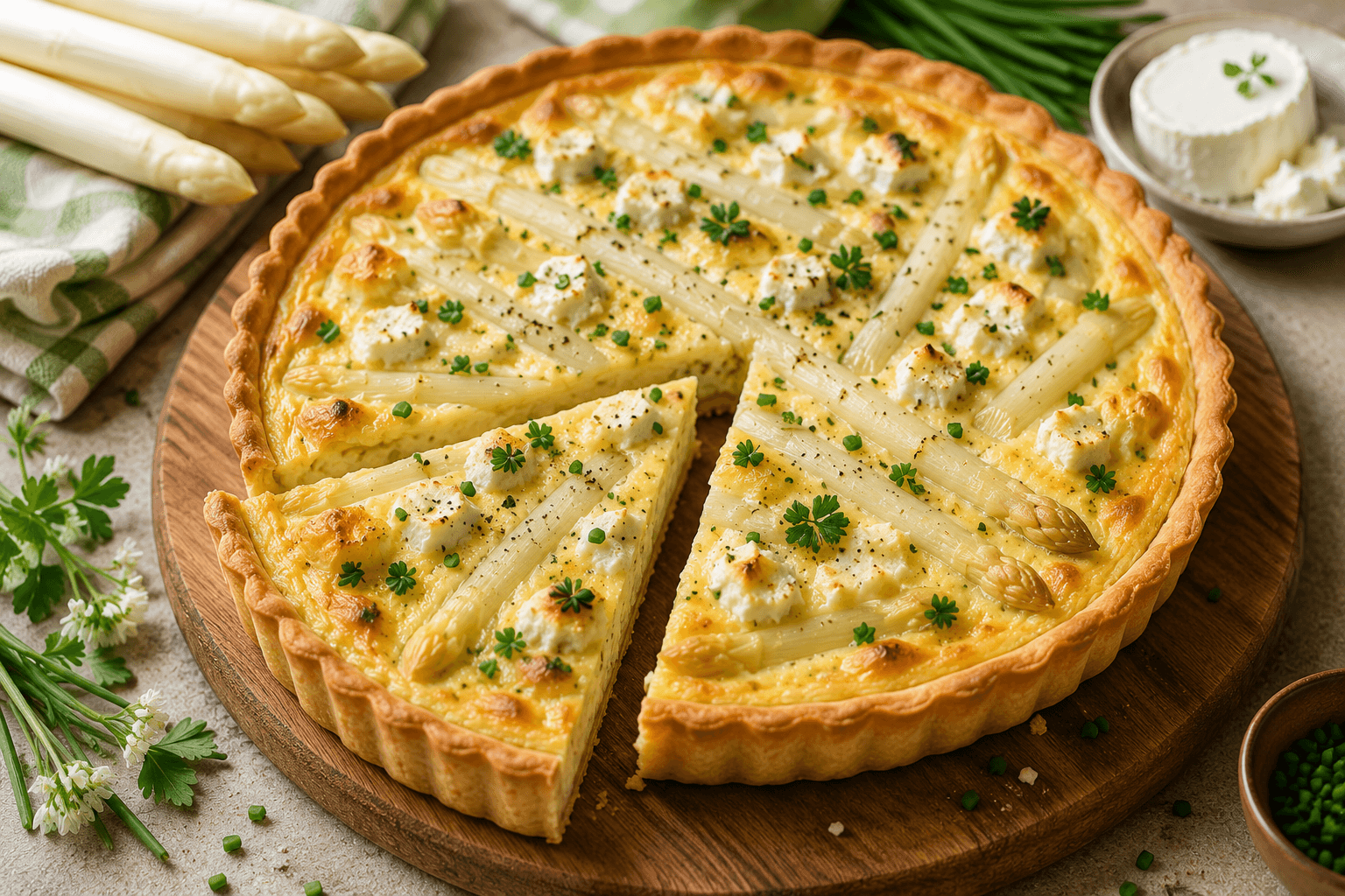 Aspergequiche met geitenkaas.