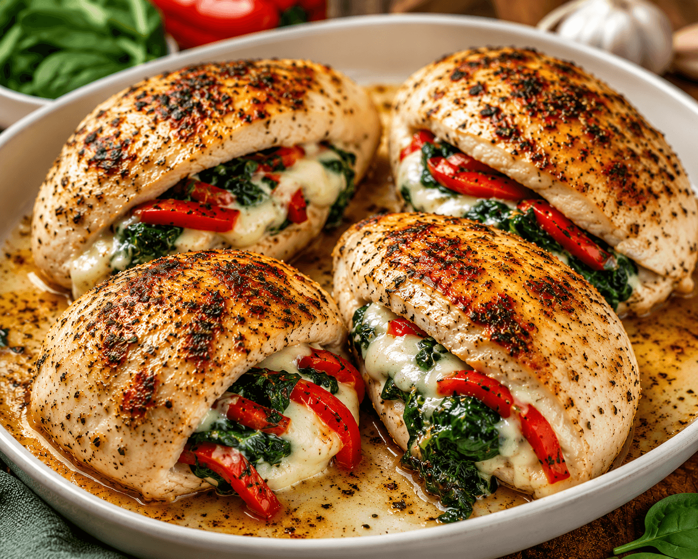 Gevulde Kipfilet met Geroosterde Paprika, Spinazie en Mozzarella.