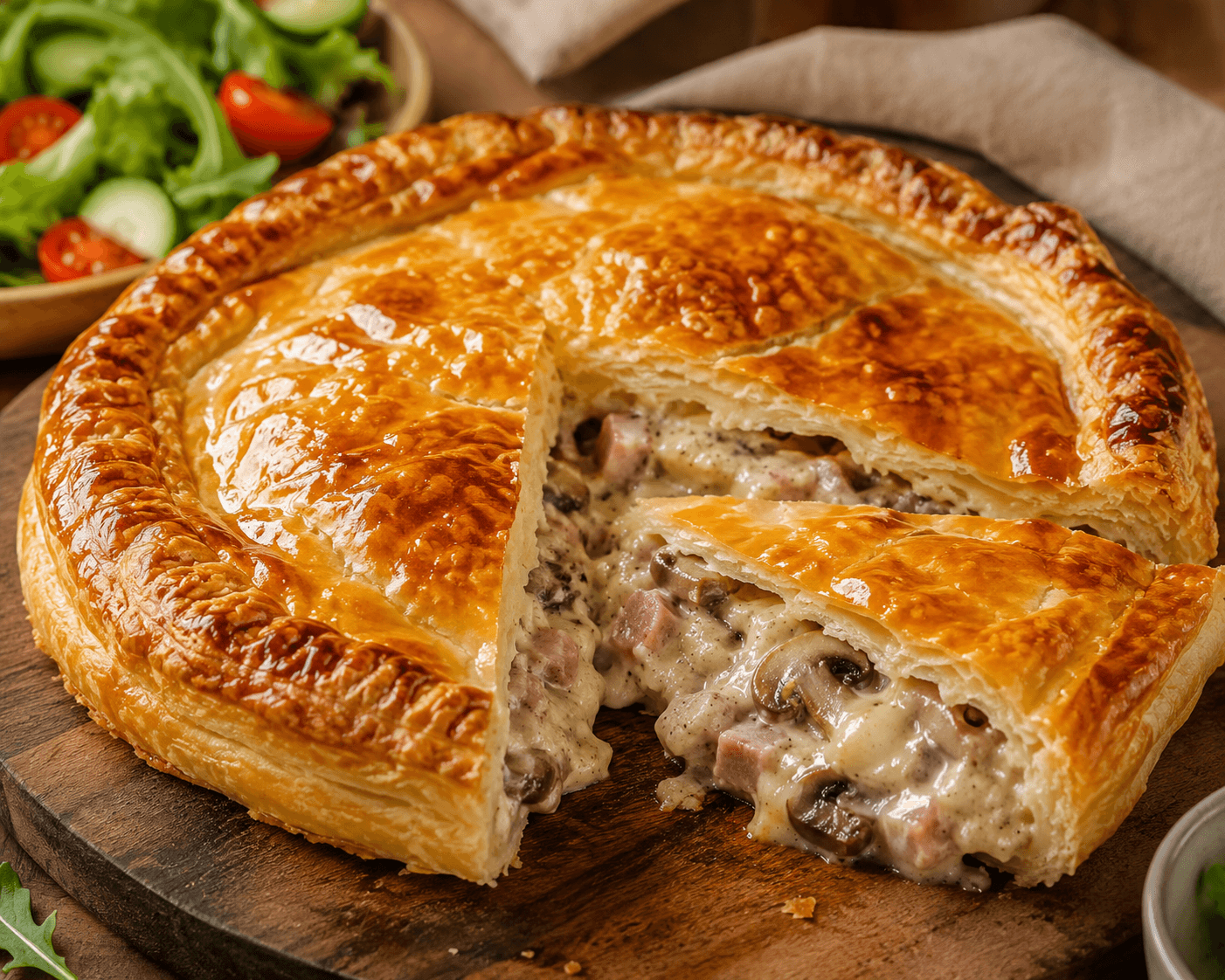 Romige bladerdeegtaart met ham, kaas en champignons.