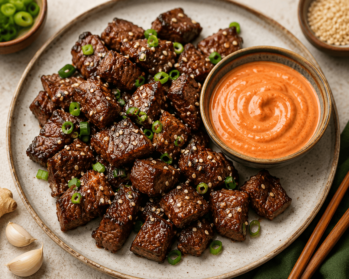 Easy Spicy Korean Beef Bites met Gochujang Dipsaus.