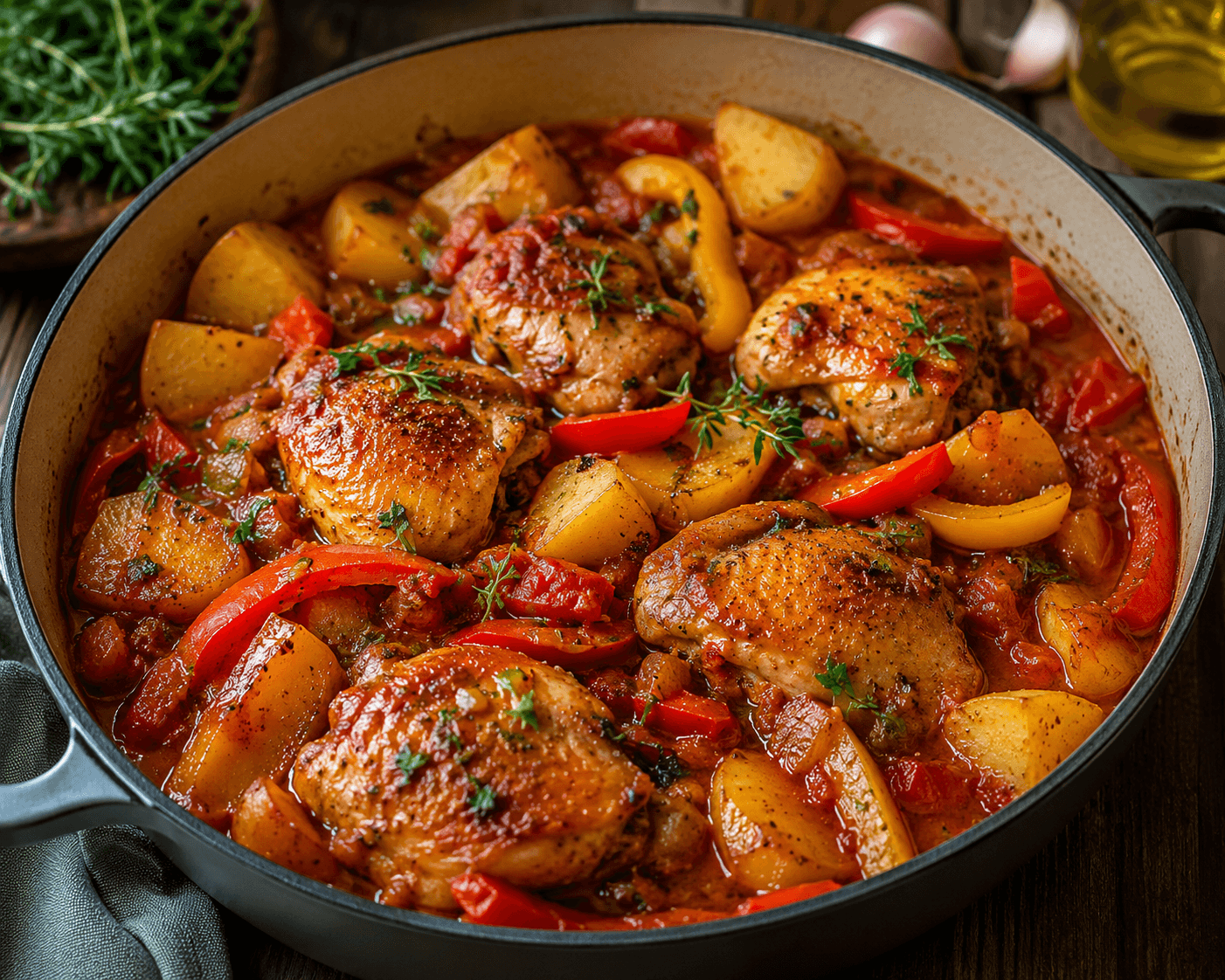 Mediterrane Stoofschotel met Kip, Paprika en Aardappelen.