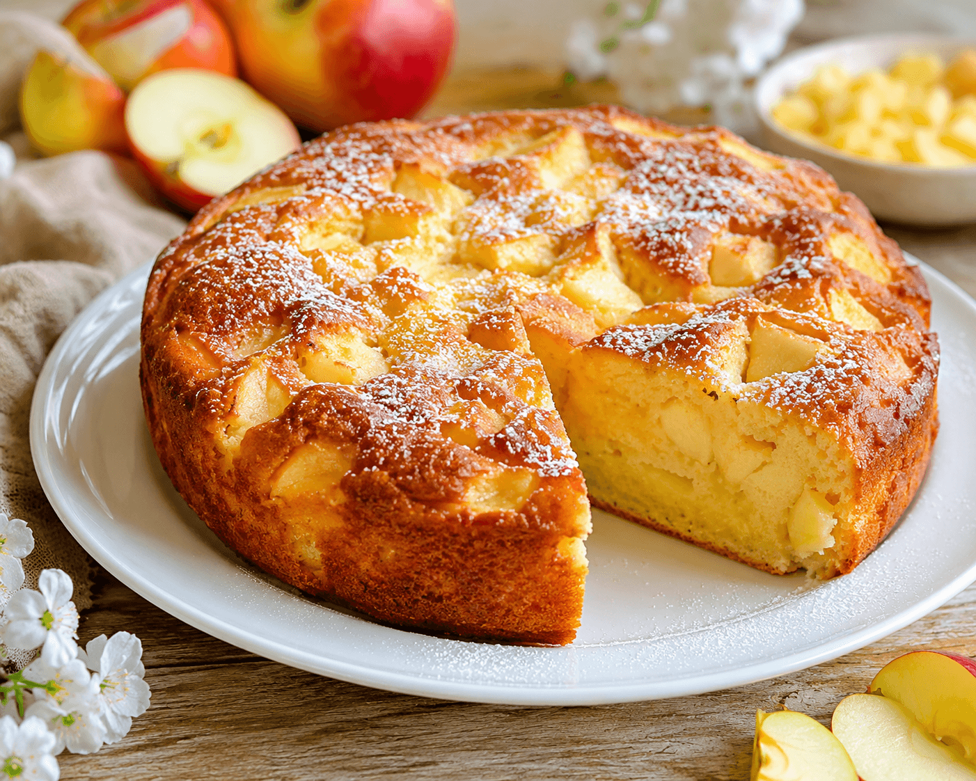 Appelcake met vanillepudding.