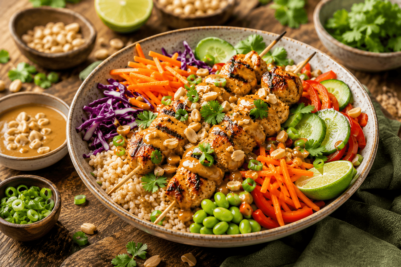 Kip Saté Bowl met pindasaus en knapperige groenten.