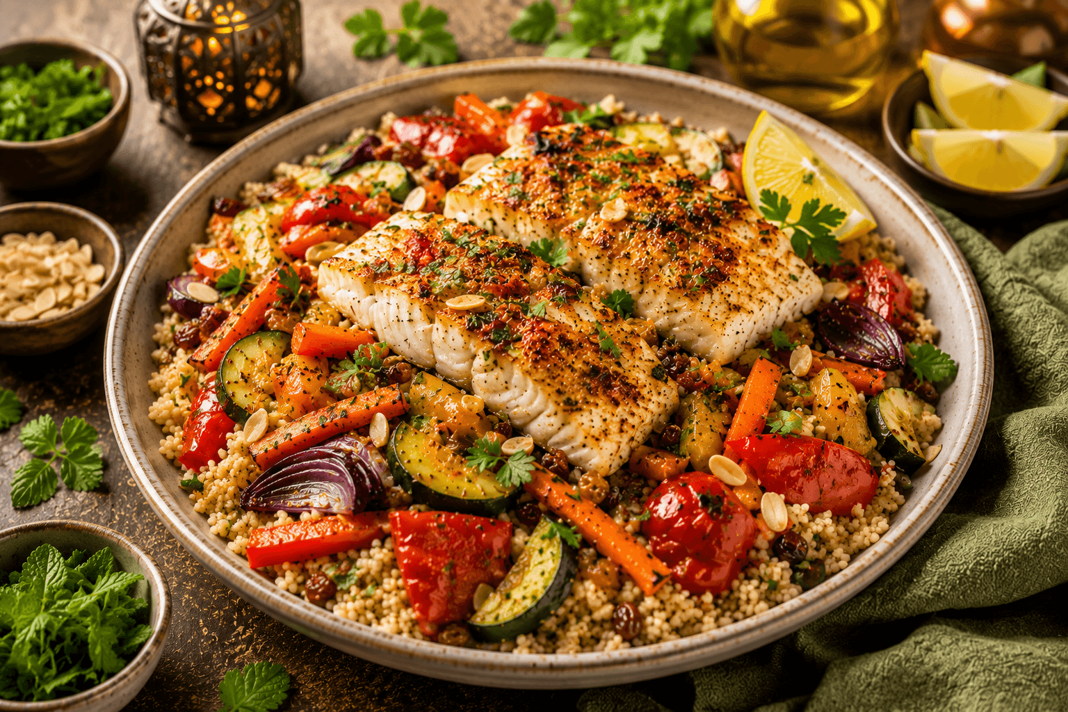 Marokkaanse Kabeljauw met Couscous en Geroosterde Groenten.