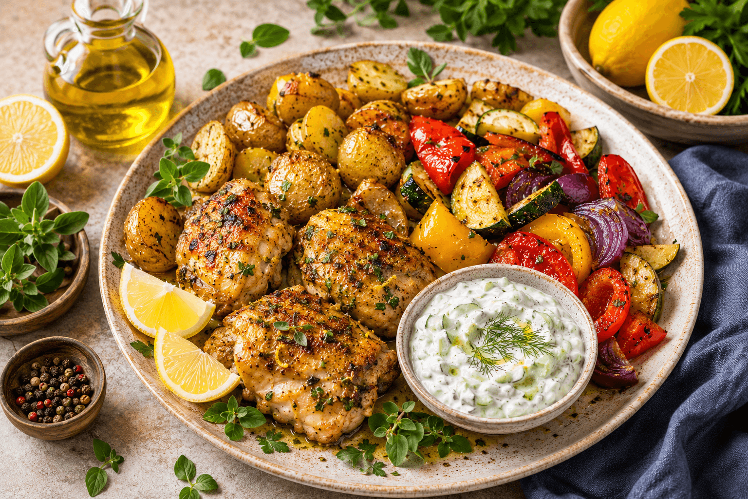 Griekse Citroenkip met Krieltjes, Tzatziki en Geroosterde Groenten.