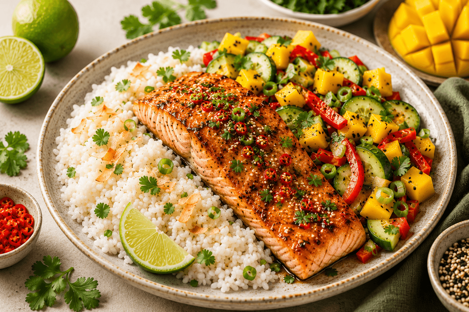 Thaise Zalm met Kokosrijst en Mango-komkommersalade.