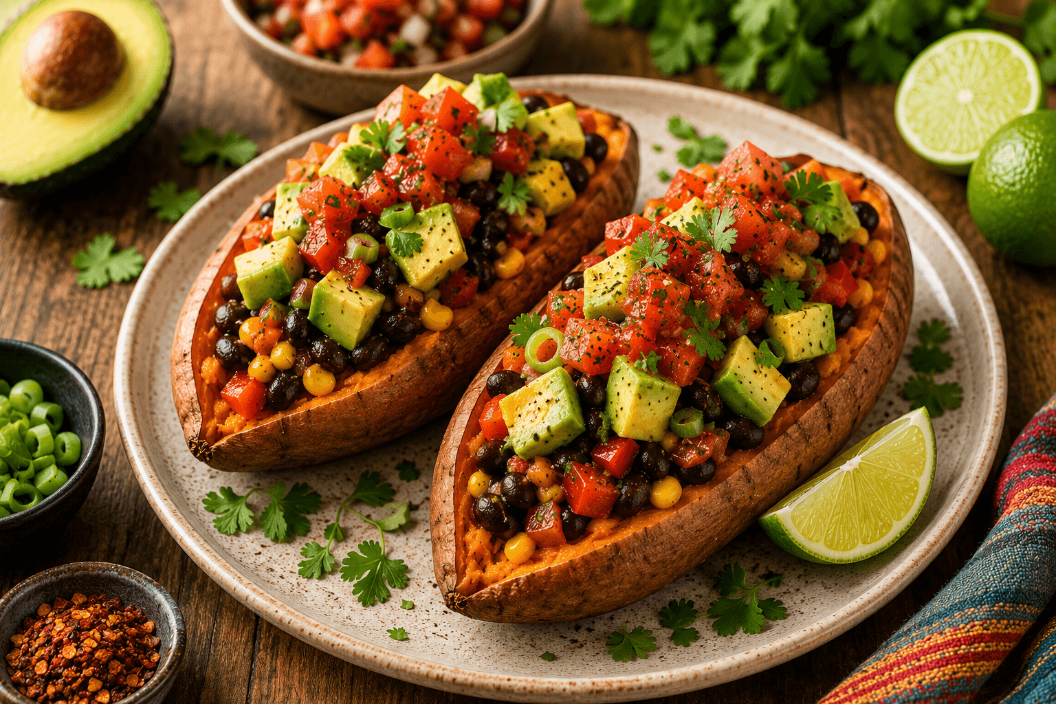 Mexicaanse Gevulde Zoete Aardappel met Avocado en Zwarte Bonen.