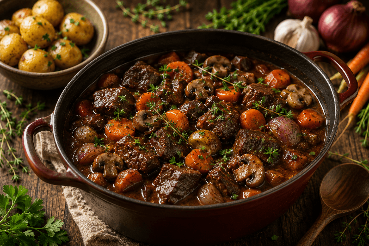 Franse Runderstoof met Wortel, Champignons en Tijm.