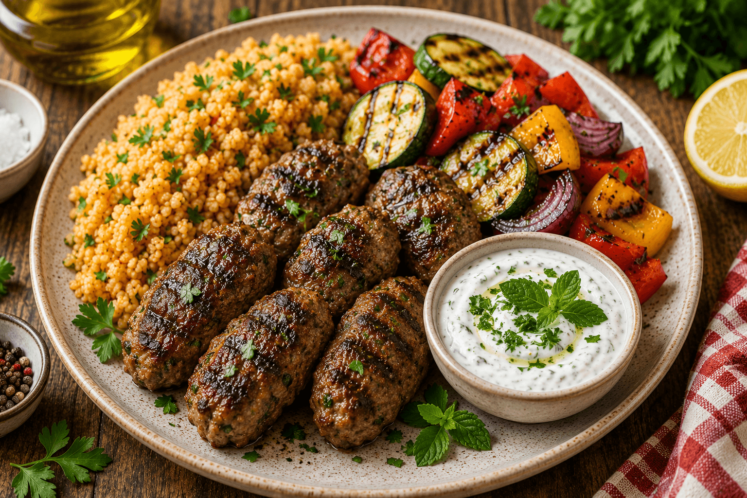 Turkse Köfte met Bulgur, Gegrilde Groenten en Yoghurtsaus.