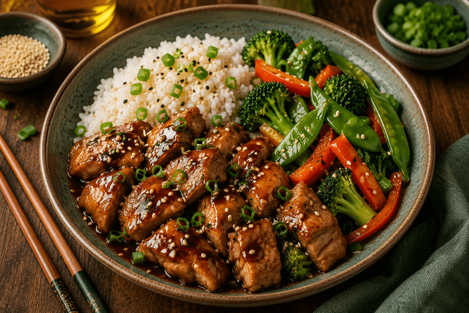 Japanse Teriyaki Kip met Sesamrijst en Broccoli.