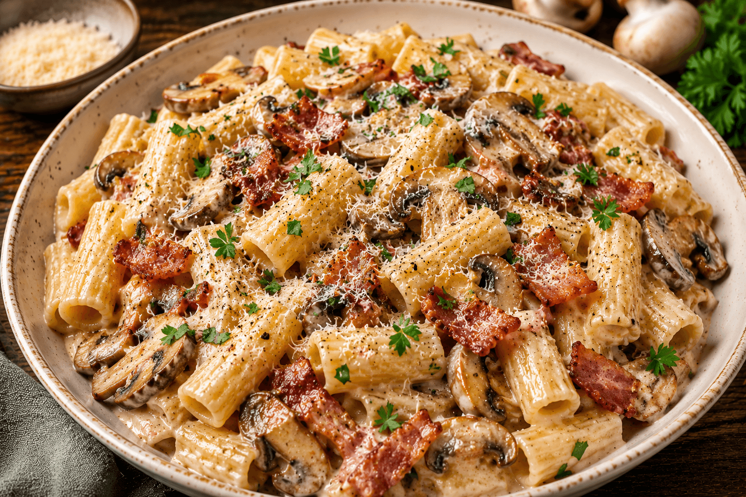 Romige Rigatoni met Champignons en Spek.