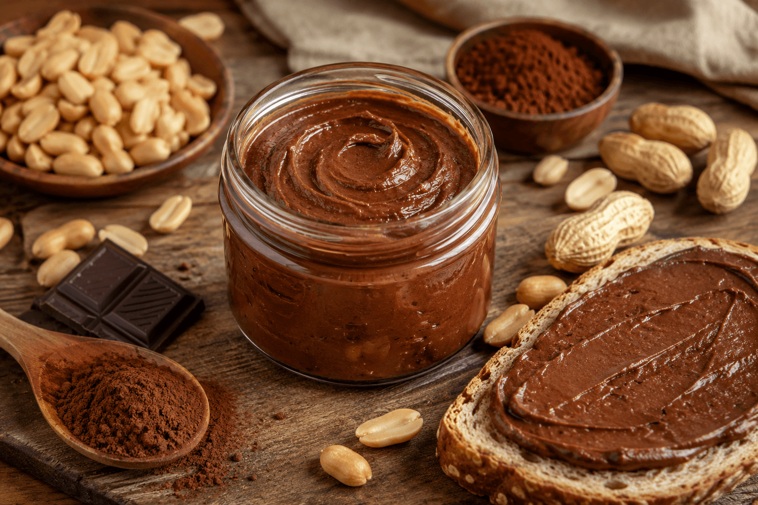 Pindakaas met chocolade en cacao.