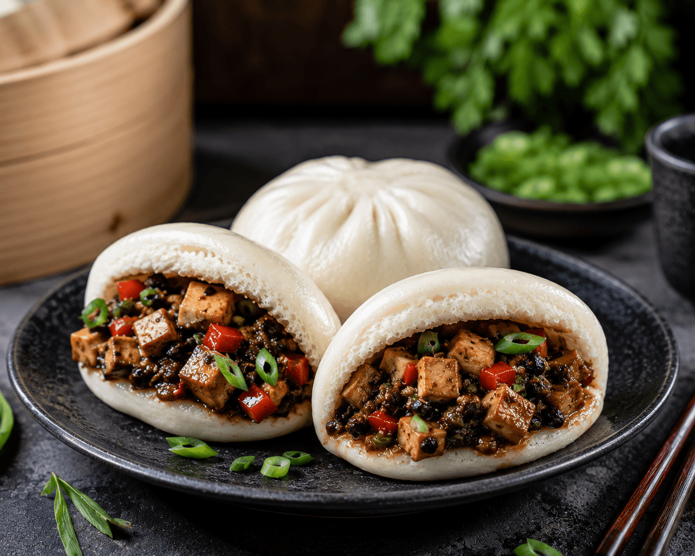 Bapao met tofu en zwarte bonensaus.