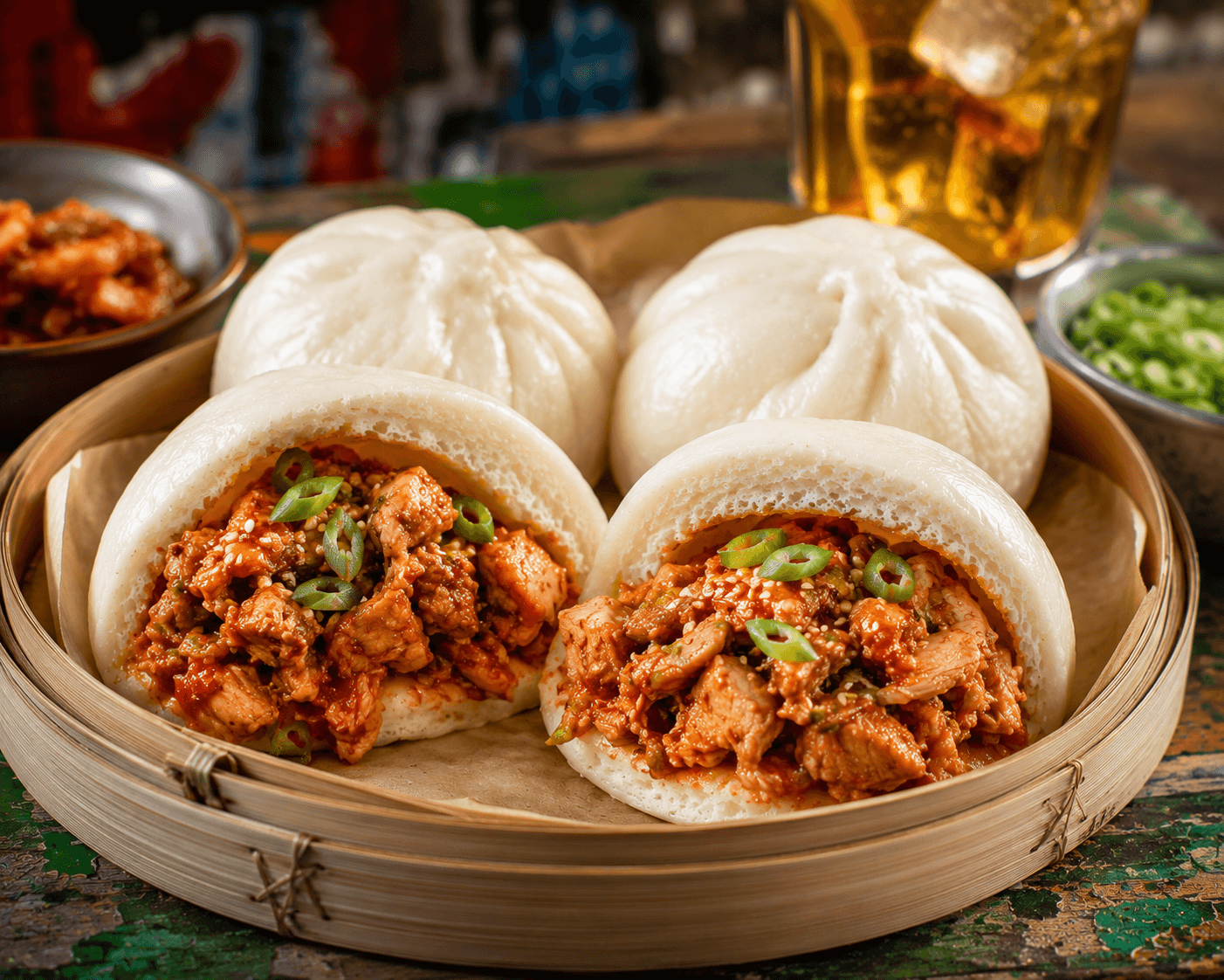 Bapao met kimchi en kip.