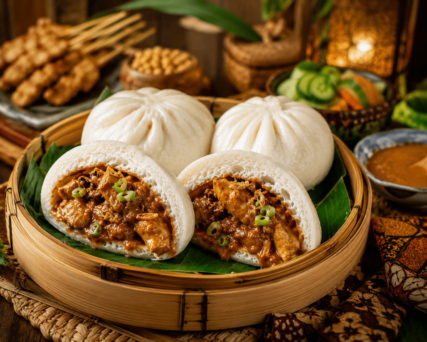 Bapao met saté ayam.
