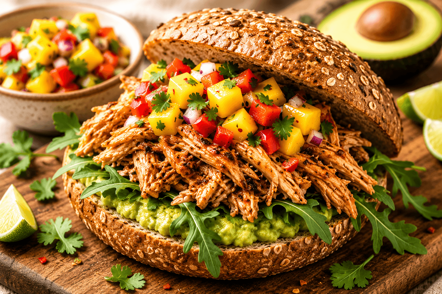 Luxe Broodje Pulled Chicken met Avocado en Mango Salsa.