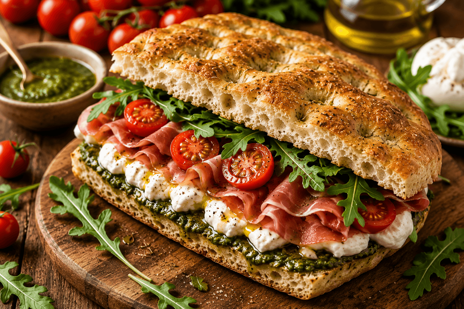 Italiaanse Focaccia met Burrata, Prosciutto en Pesto.