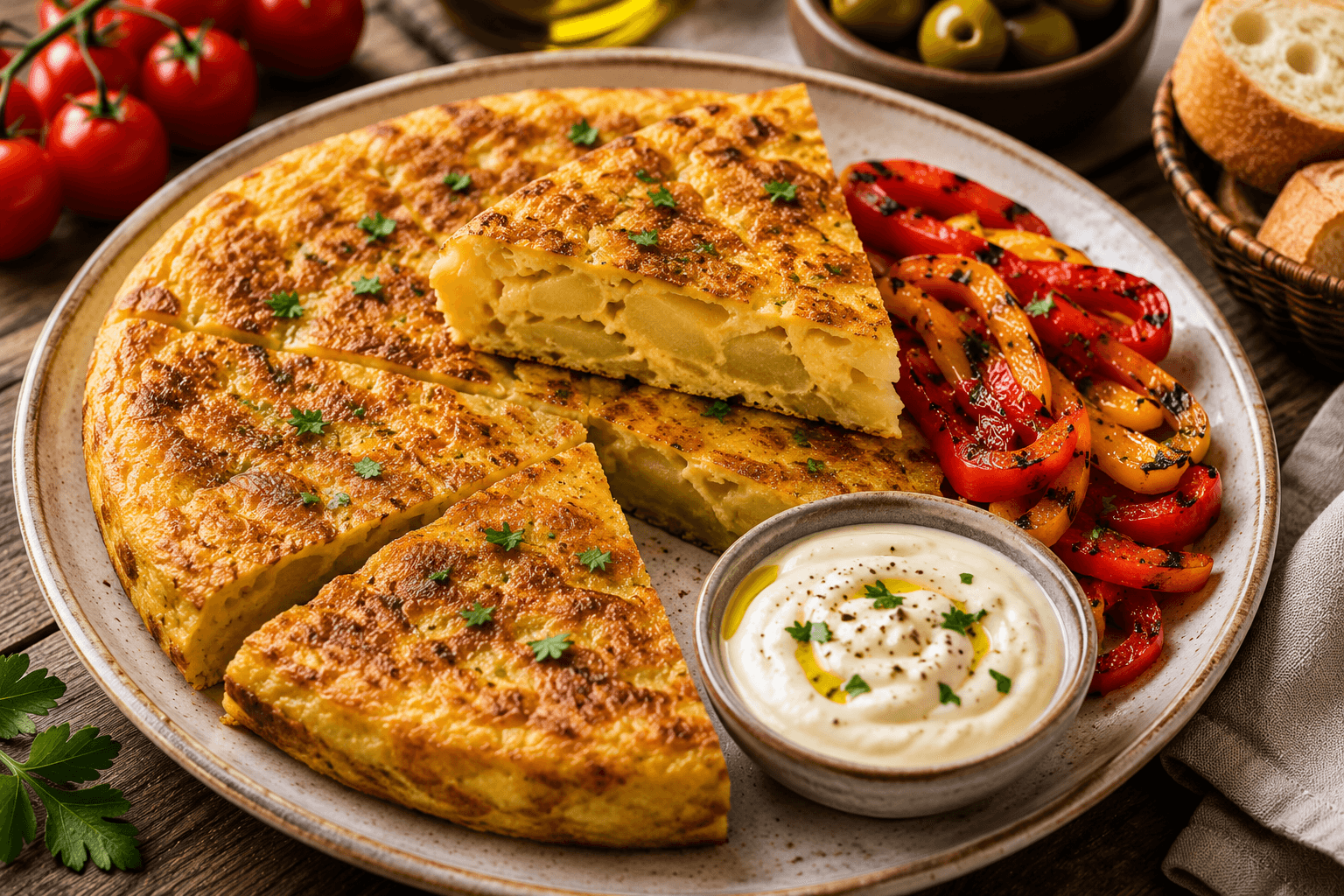 Spaanse Tortilla met Gegrilde Paprika en Aioli.