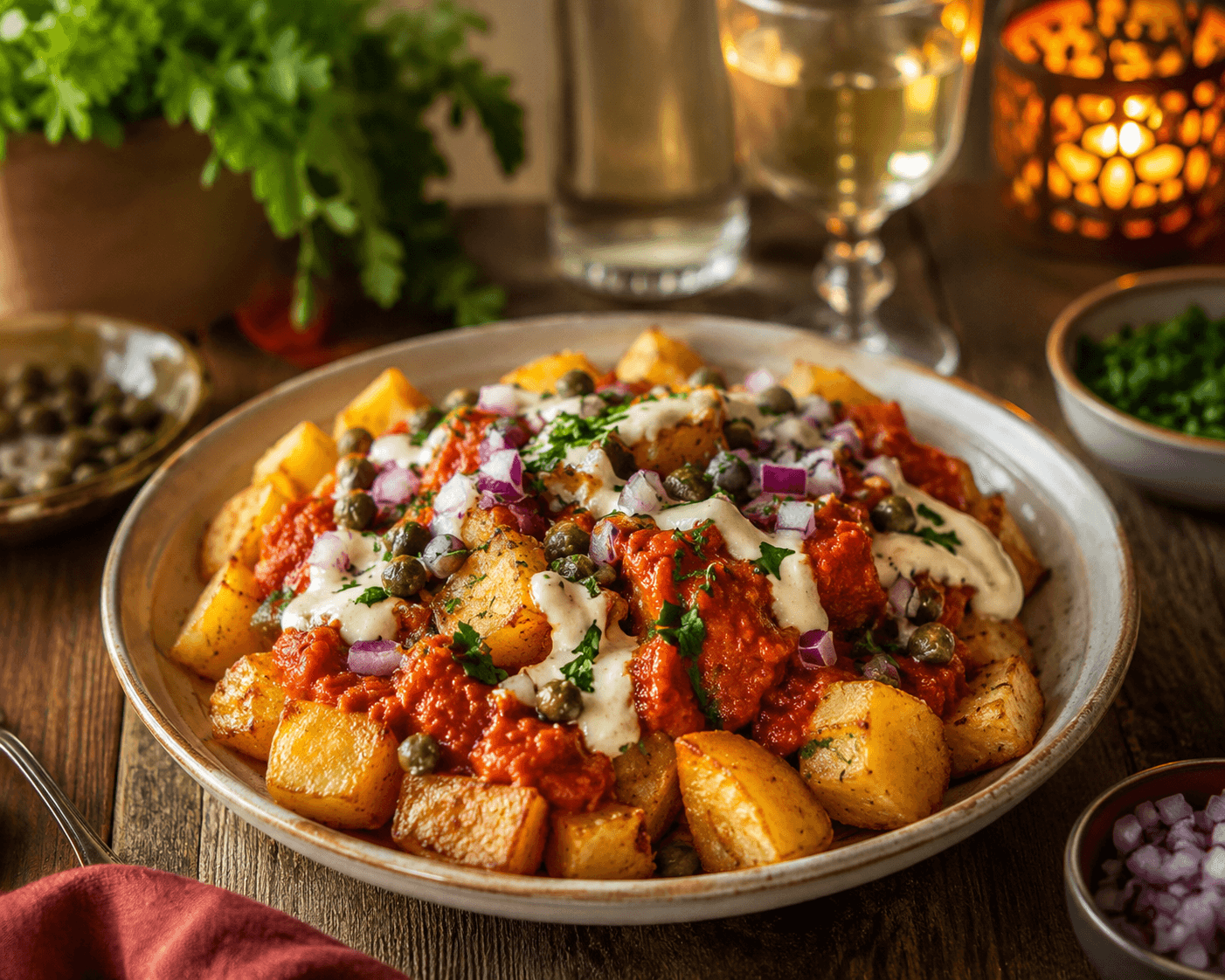 Patatas bravas met smoky tomatensaus en augurkenmayo.