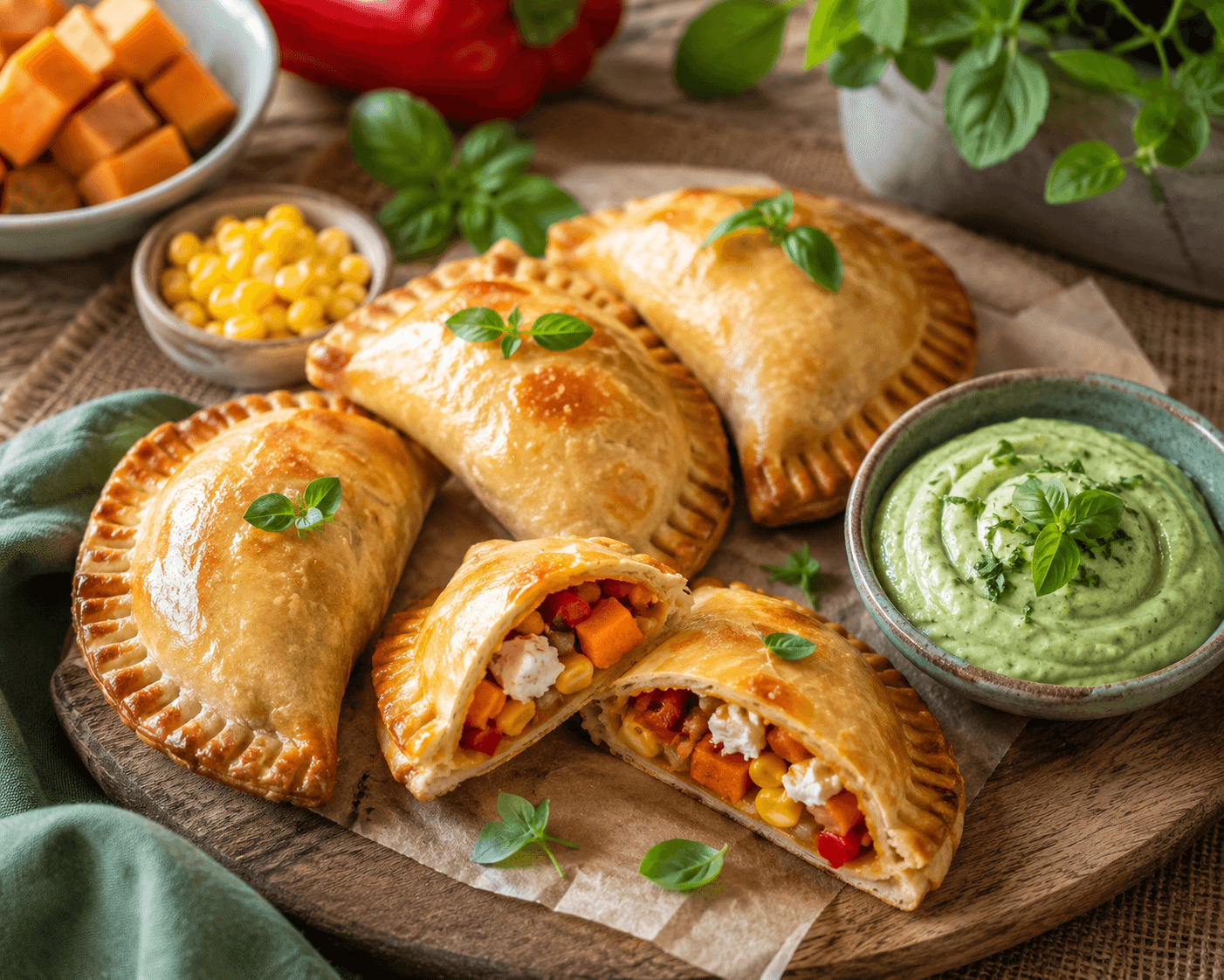 Empanada's met groenten, feta en groene kruidenmayo.
