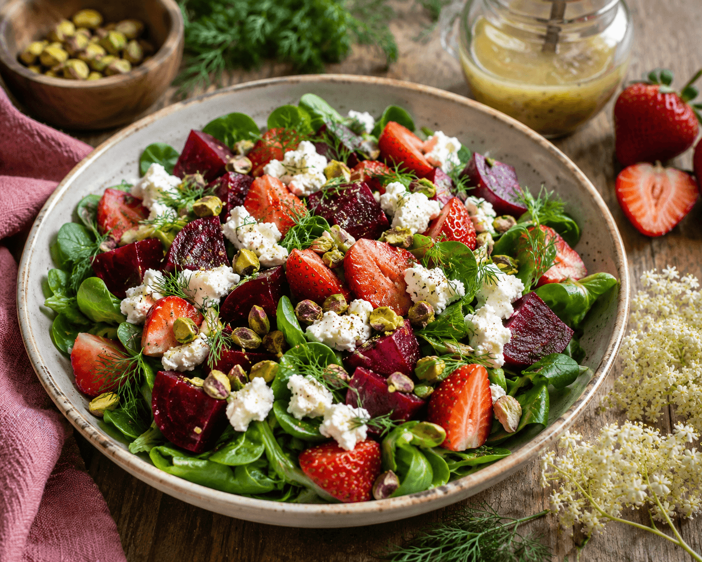 Salade met gepofte bietjes, aardbei, geitenkaas en vlierbloesemdressing.