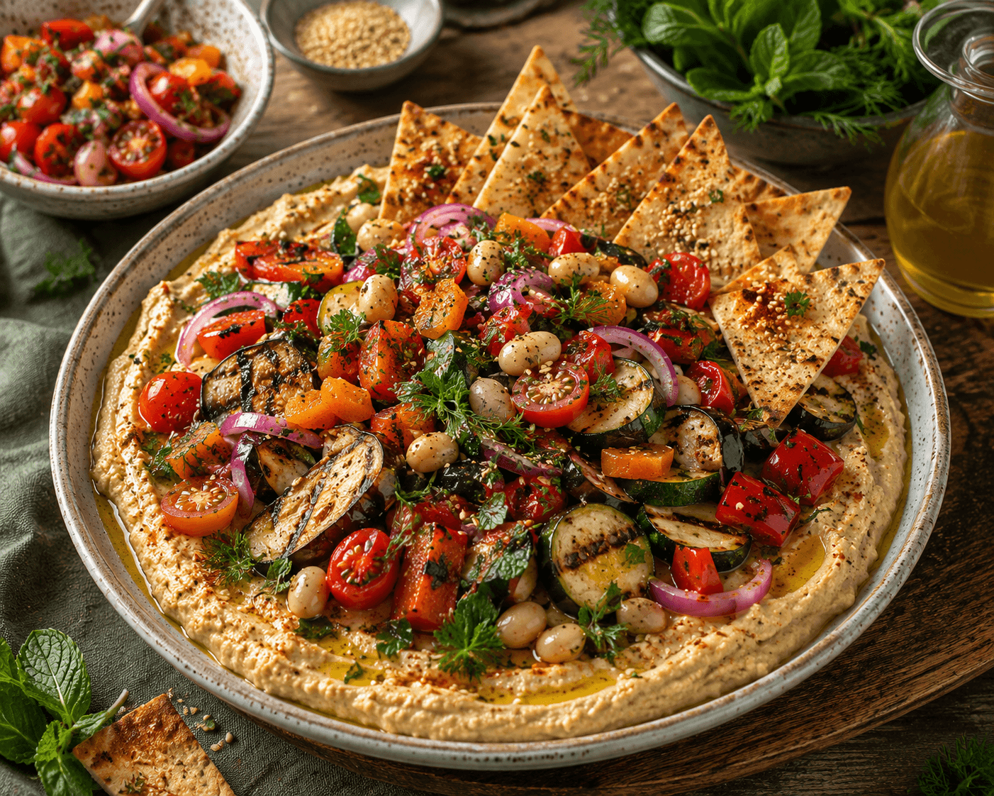 Loaded auberginehummus met gegrilde groenten en abrikozen.