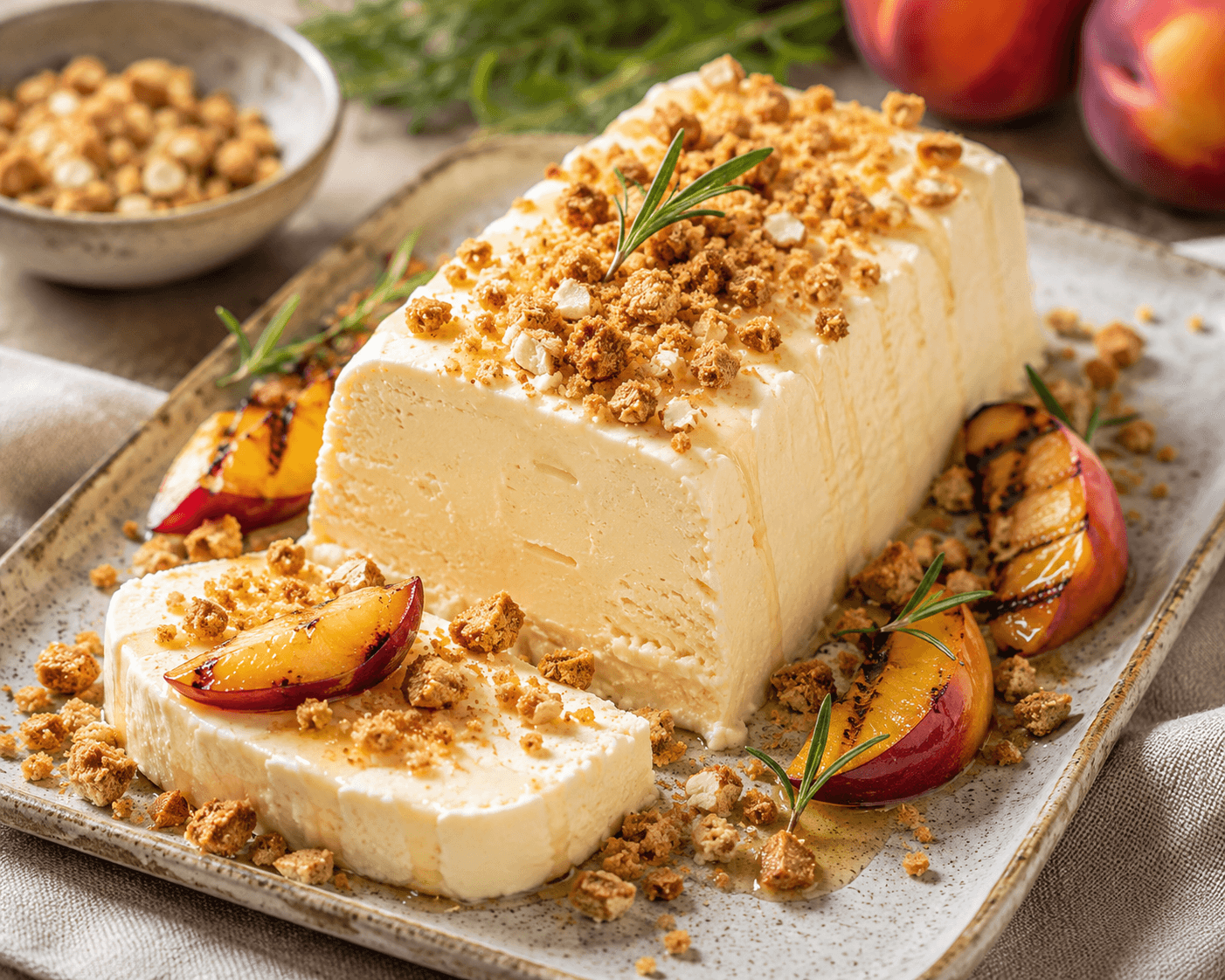 Olijfolie semifreddo met gegrilde nectarines en cantuccinikruim.