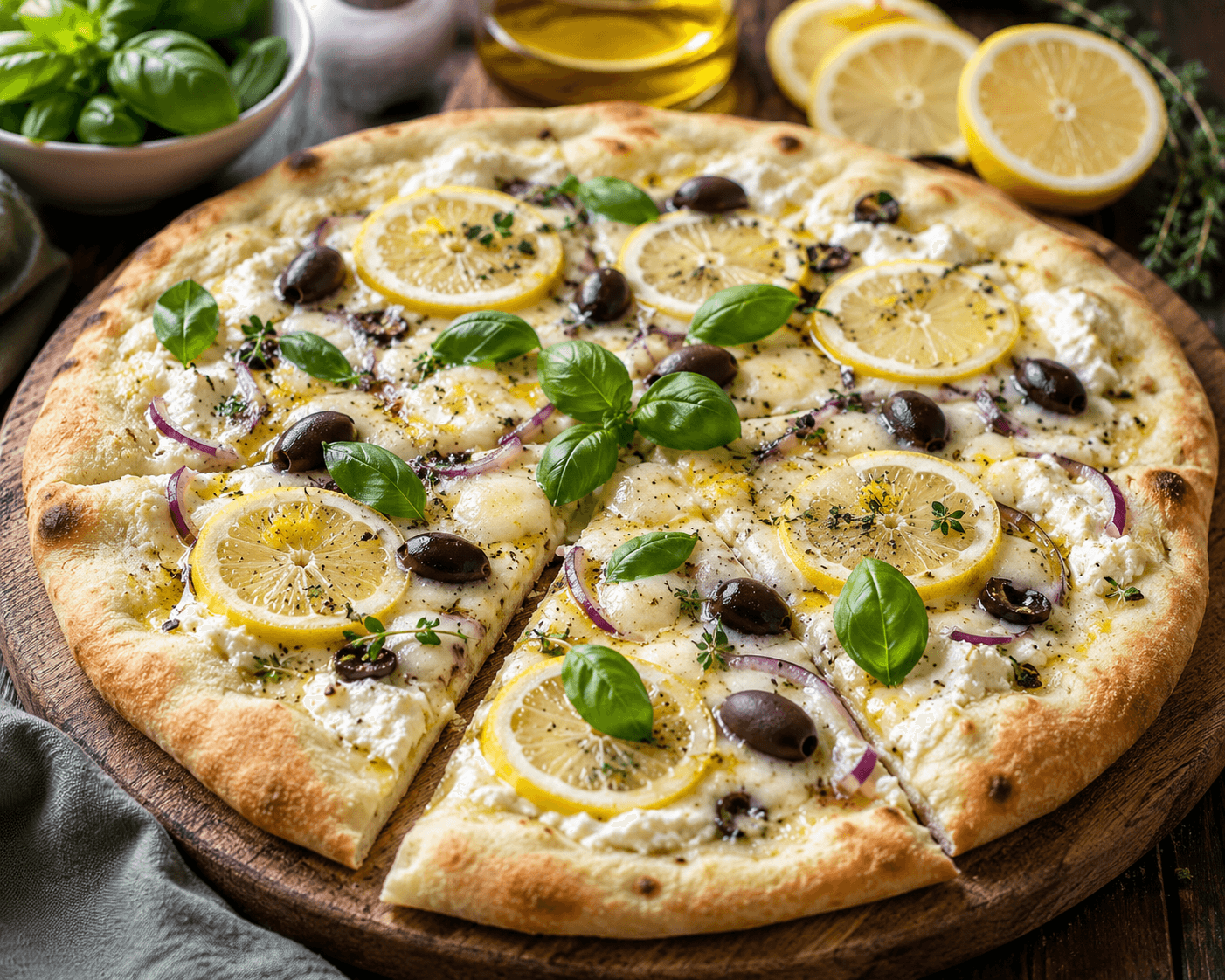 Pizza bianca met citroen en basilicum.