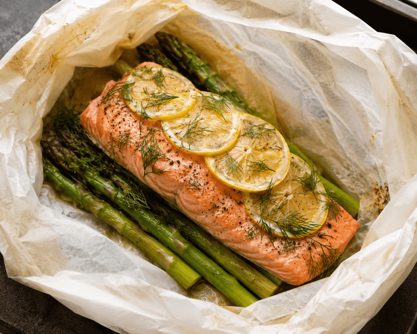 Zalm met citroen, dille en groene asperges.