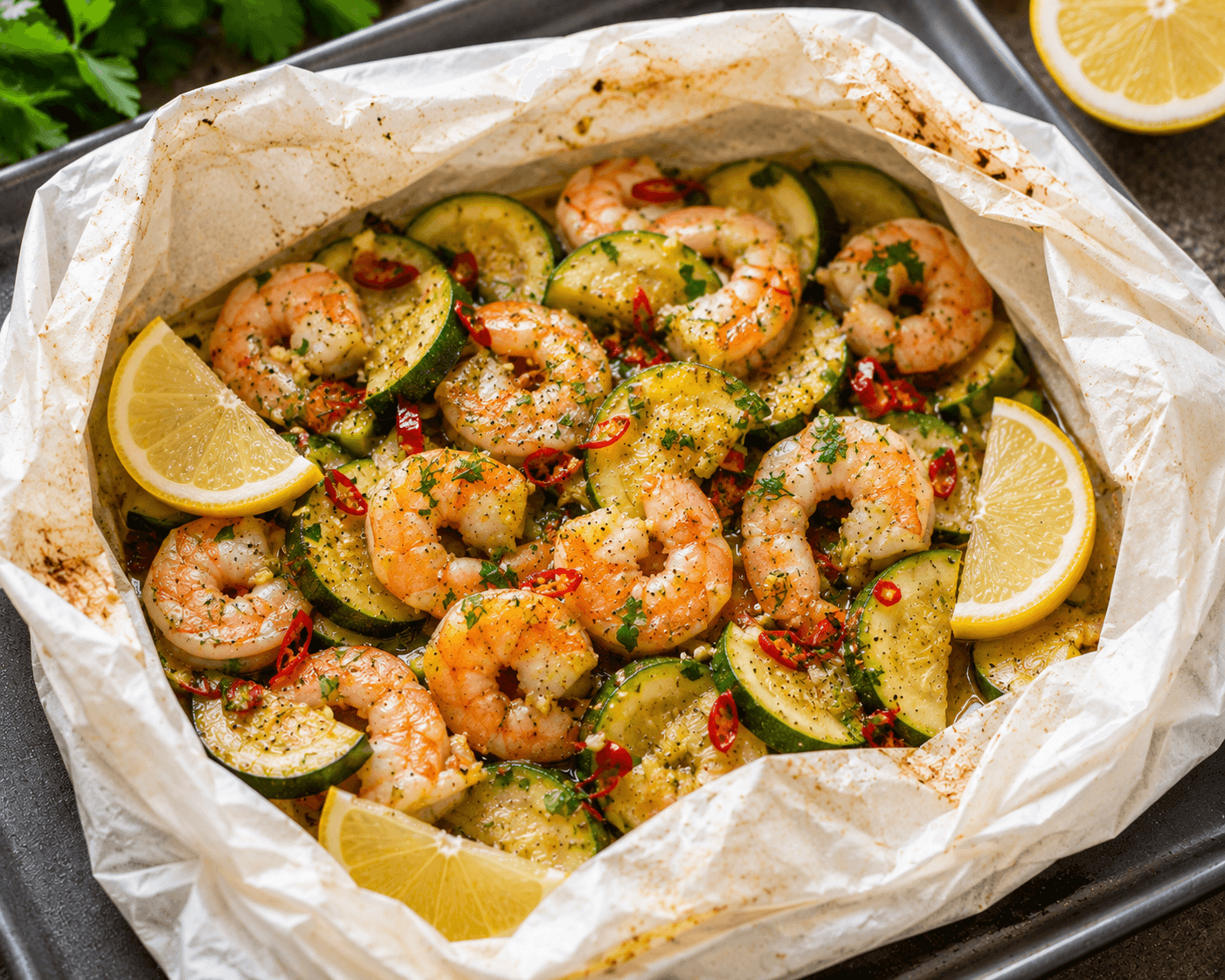 Garnalen met knoflook, courgette en chili.