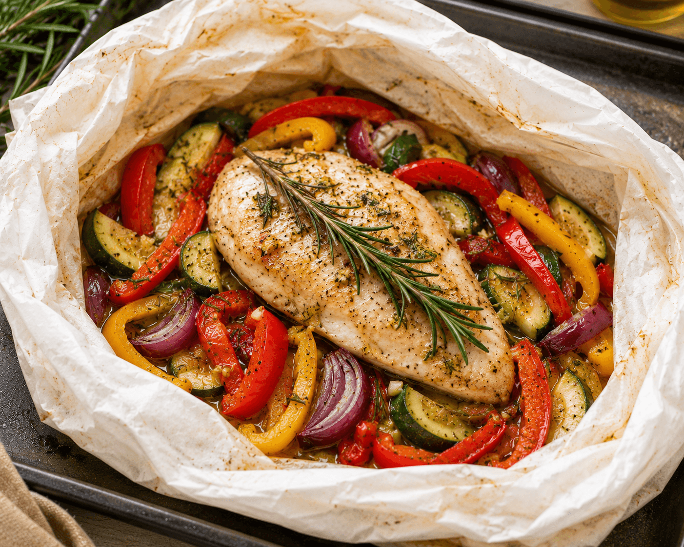 Kipfilet met mediterrane groenten en rozemarijn.