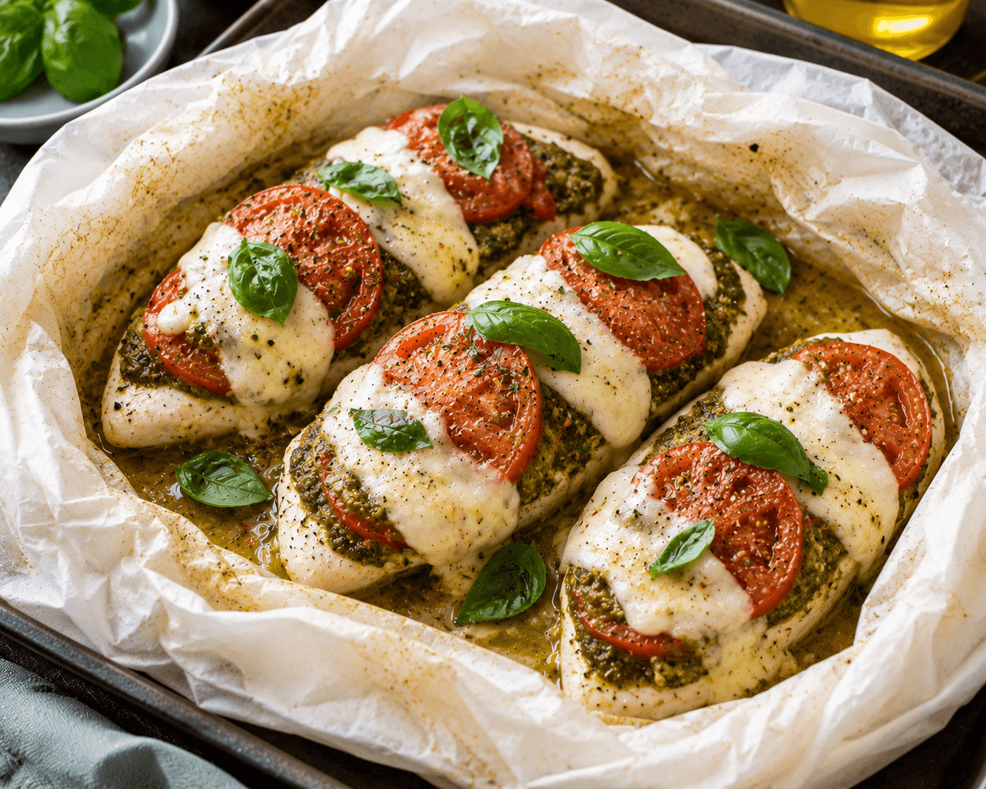 Kip met pesto, mozzarella en tomaat.