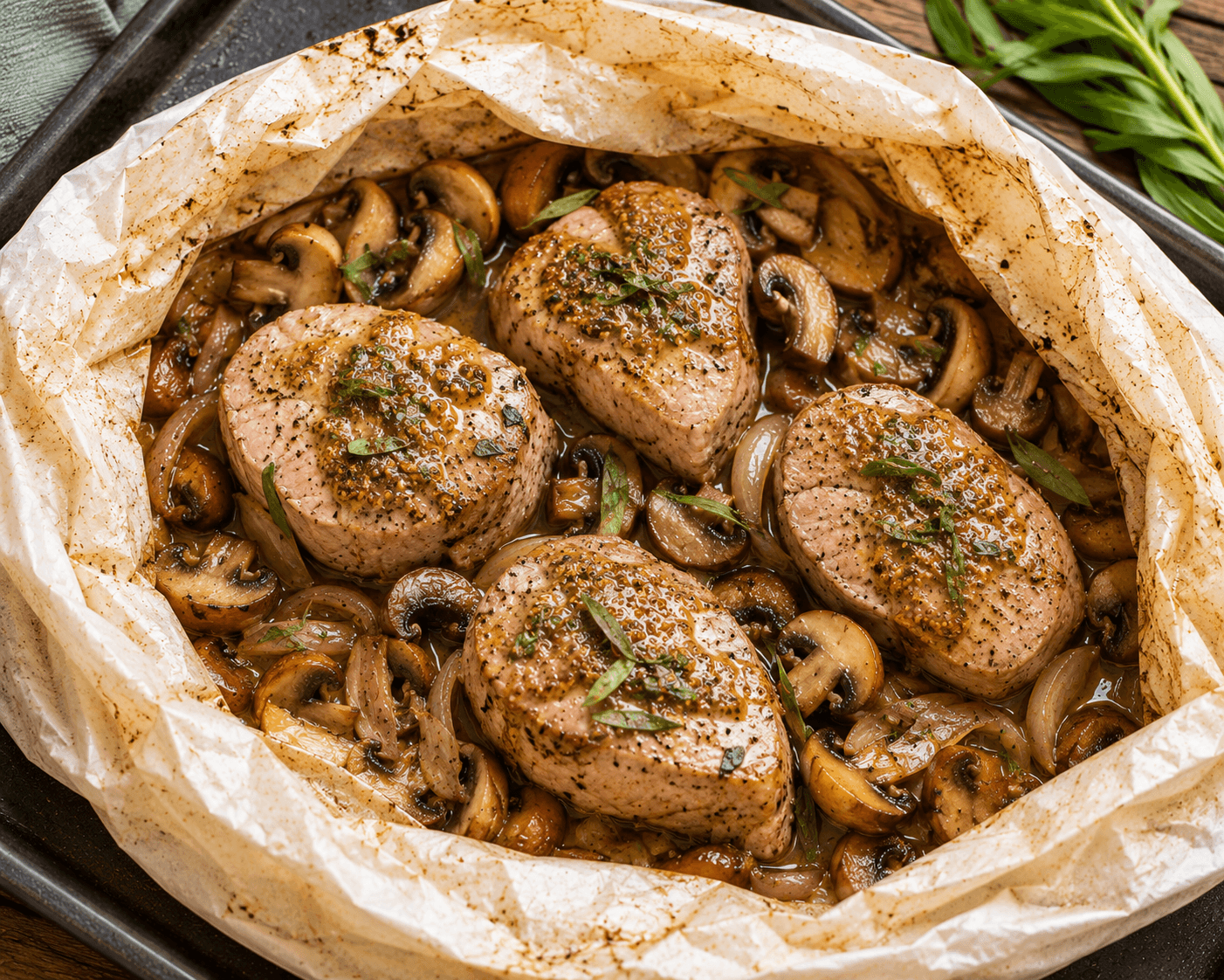 Varkenshaas met champignons, mosterd en dragon.