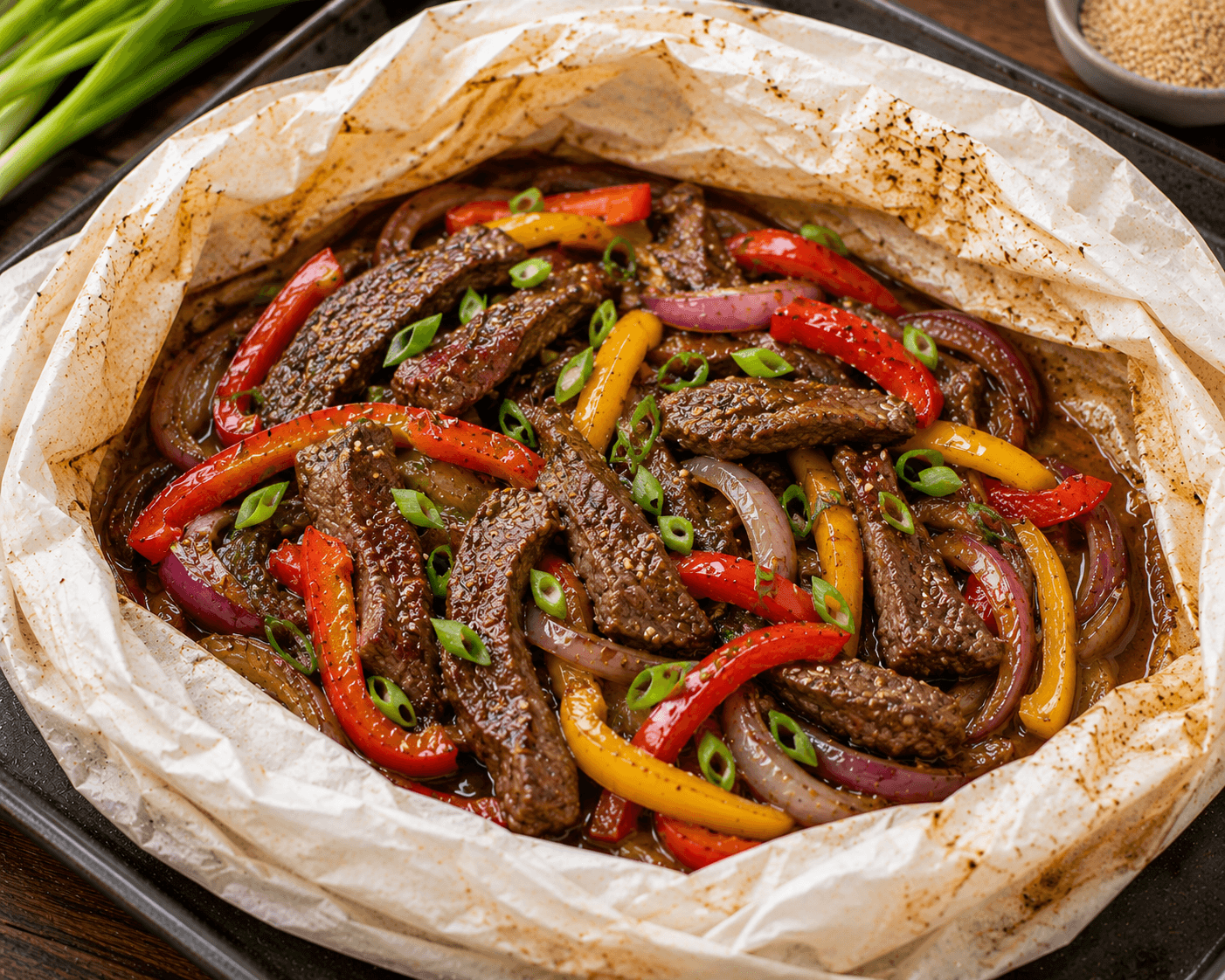 Runderreepjes met paprika, ui en teriyaki.
