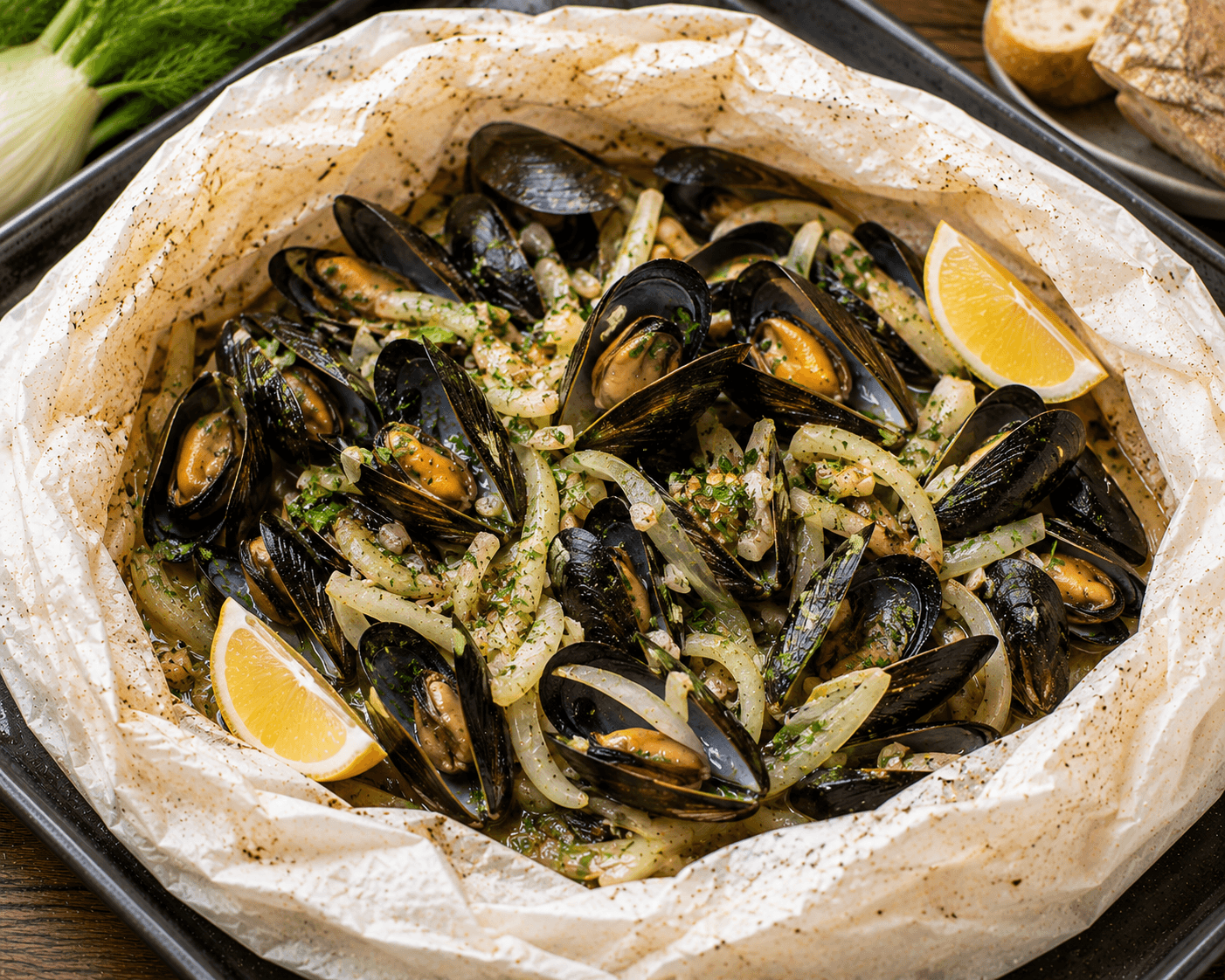 Mosselen met venkel, knoflook en witte wijn.