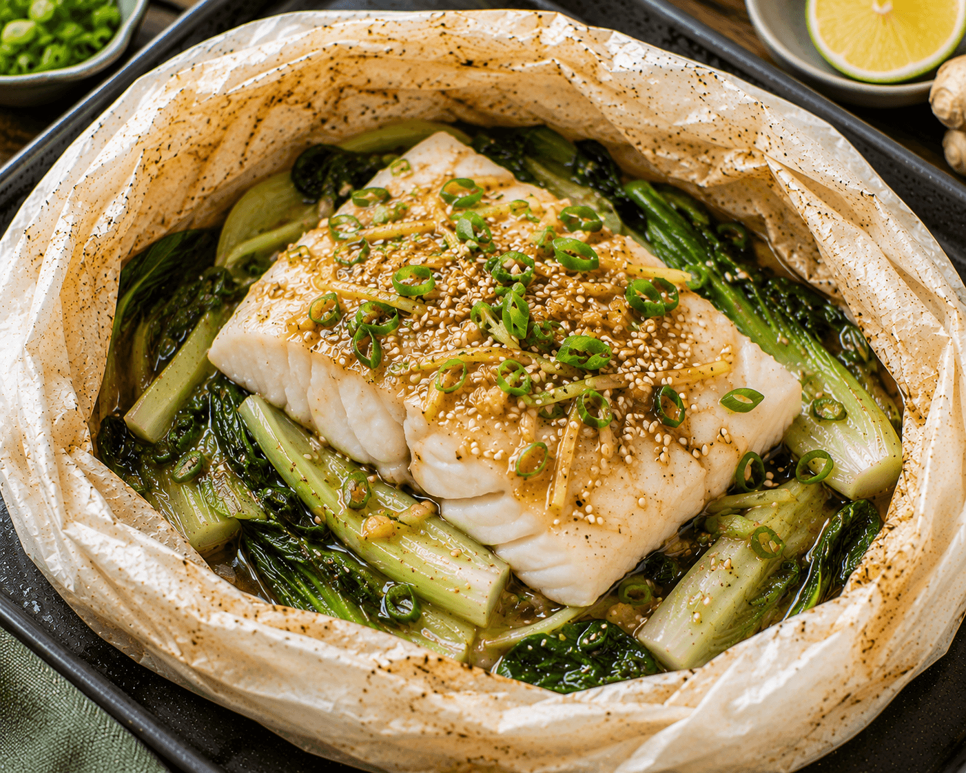 Heilbot met paksoi, gember en sesam.